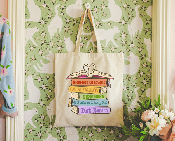 Literari Goods, Co |  Book Stack Bag - Canvas bookish tote bag - Romance Book Trope Heart Stack
