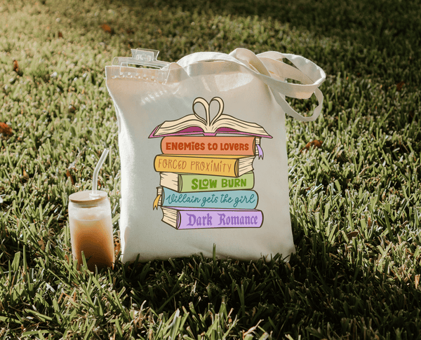 Literari Goods, Co |  Book Stack Bag - Canvas bookish tote bag - Romance Book Trope Heart Stack