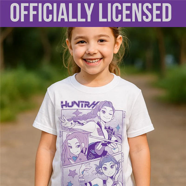 KPop Demon Hunters Panel Art Huntrix Youth White Crew Neck Short Sleeve T-shirt Bioworld