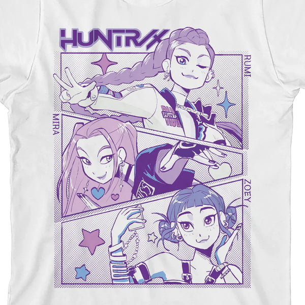 KPop Demon Hunters Panel Art Huntrix Youth White Crew Neck Short Sleeve T-shirt Bioworld