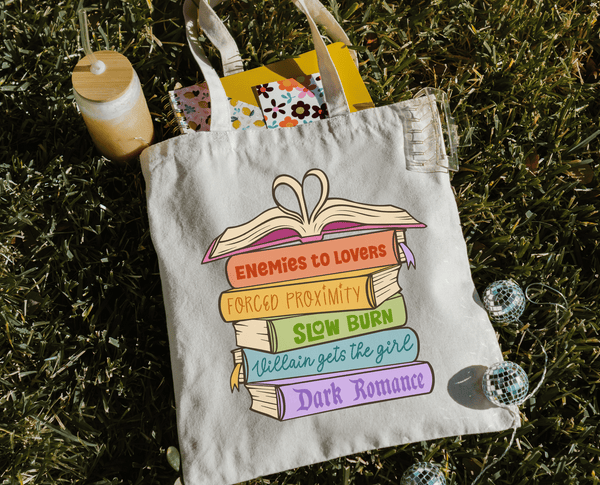 Literari Goods, Co |  Book Stack Bag - Canvas bookish tote bag - Romance Book Trope Heart Stack