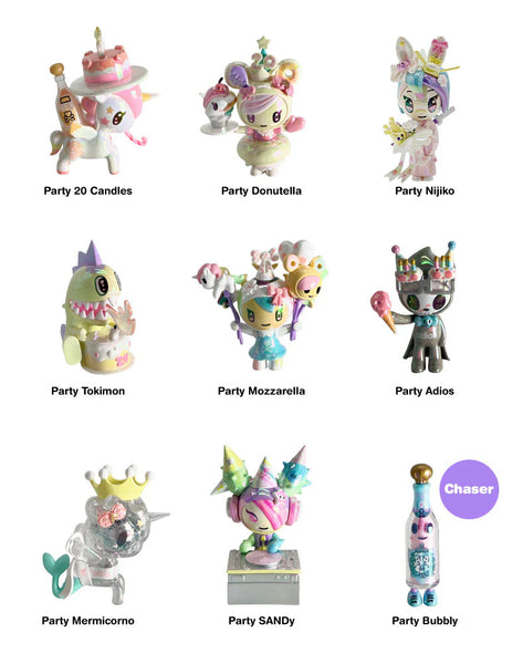 Tokidoki 20th Anniversary Blind Box including Donutella, Nijiko, Mozzarella, Adios, Mermicorno, and more