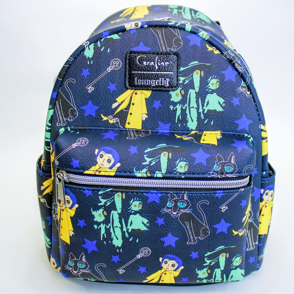 coraline icons mini backpack Loungefly x Coraline All Over Print w/ Button Key & Cat 11" Mini Backp – Blueberry Cat